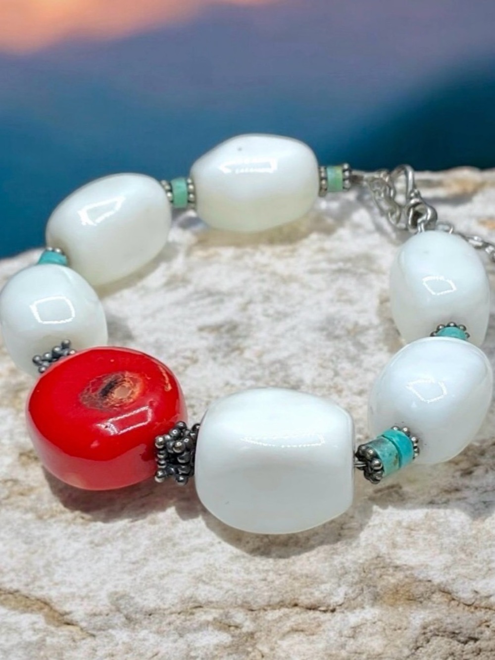🌺Vintage Coral, White Onyx, Turquoise 925 Bracelet
